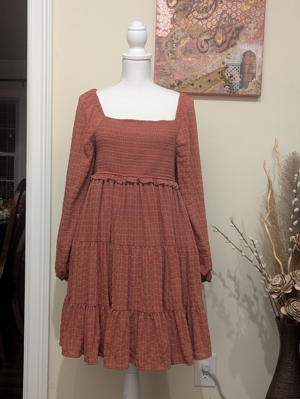 ARULA Rust Square-Neck Tiered Long-Sleeve Mini Dress 14 16 1X Stretchy